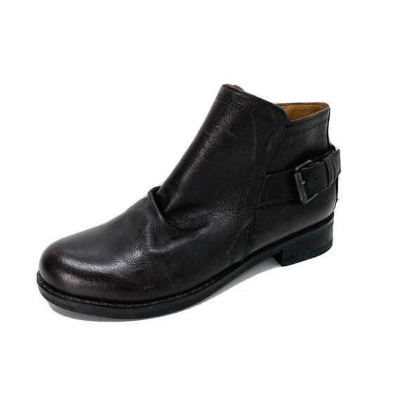 BUSSOLA Brown Leather Booties Sz 38 Boots Buckle Heel Slouch Cowboy Moto Nice! - Picture 1 of 8